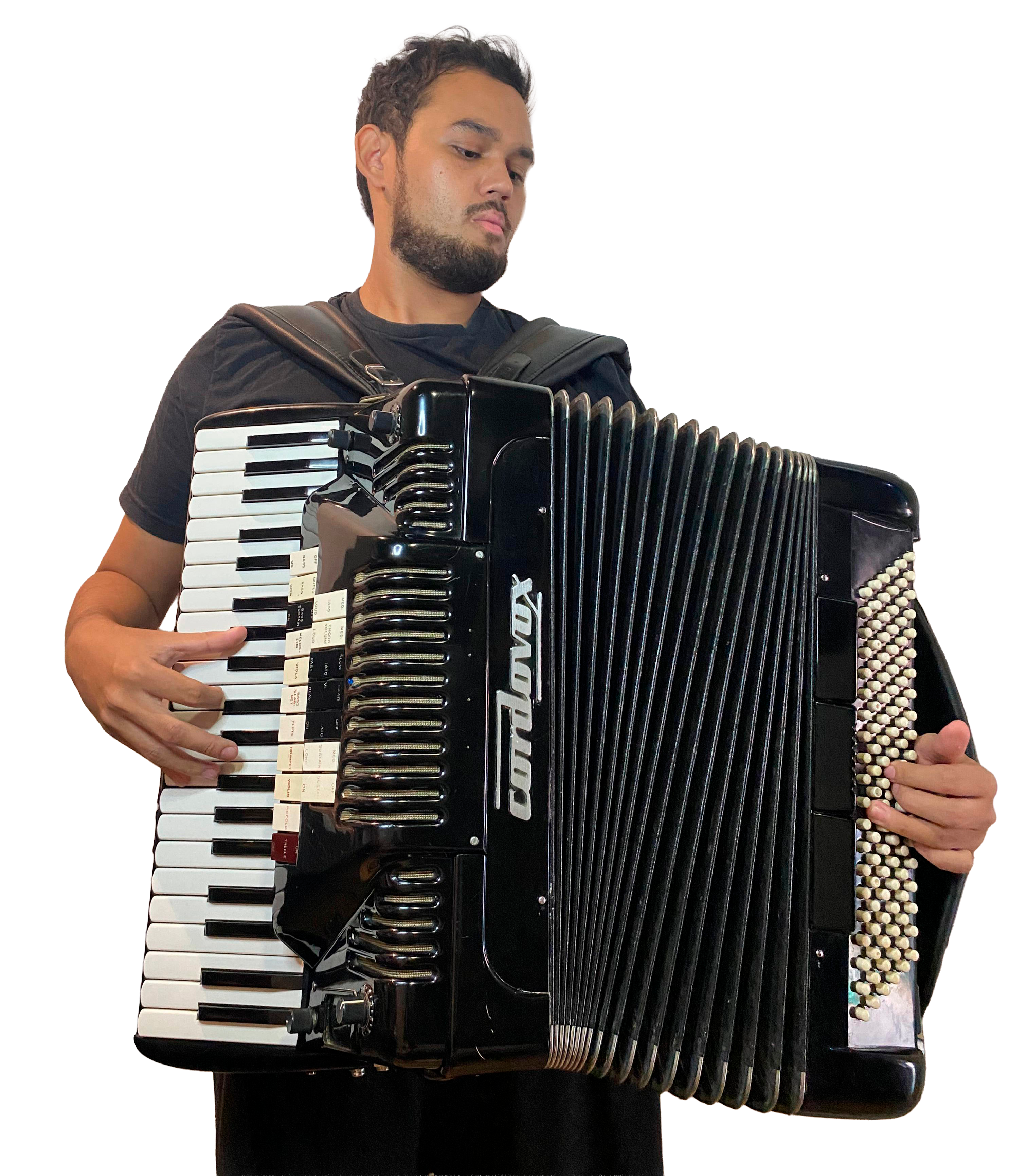 Guh do Acordeon sorrindo com sua sanfona